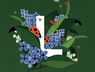 Ladybird alphabet botanical digital floral folioart illustration nature pattern plants sally caulwell vector wildlife