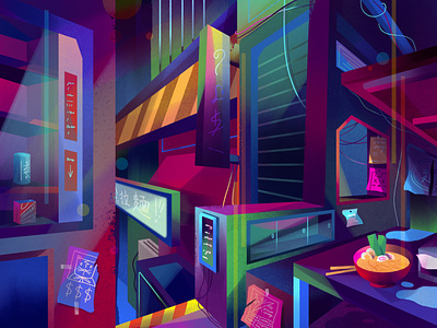 Neon City buildings city digital folioart food geometric gradient illustration jia yi liu neon ramen texture urban