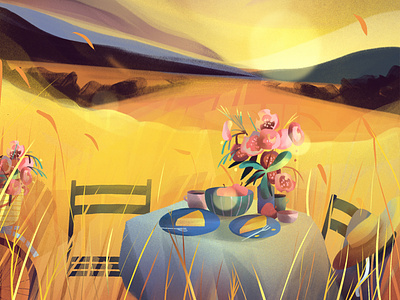 Wish I Was There digital flowers folioart gradient illustration jia-yi liu landscape picnic sunset texture