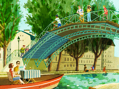 Canal St Martin character city digital editorial folioart hifumiyo illustration retro texture tourism travel