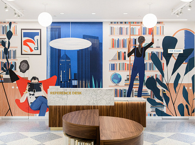 Warby Parker books character city digital folioart illustration interior library mural sam kalda