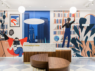 Warby Parker books character city digital folioart illustration interior library mural sam kalda