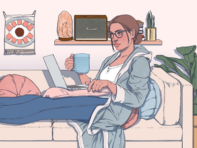 Working from Home cat digital editorial folioart home illustration interior laptop person sarah maxwell working