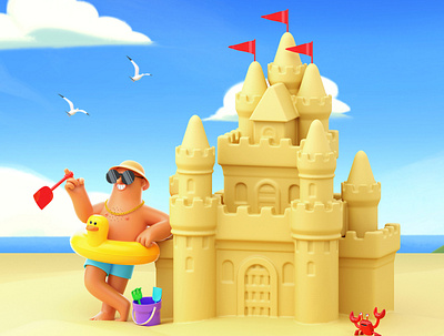 Father's Day arcade studio beach character dad digital fathers day folioart holiday illustration sandcastle