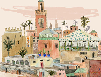 Morocco buildings cityscape digital folioart illustration kate evans morocco pattern travel watercolour