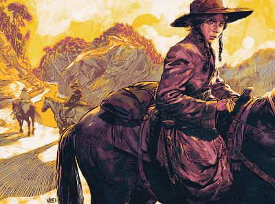 True Grit book cover character digital folioart illustration landscape pen and ink publishing