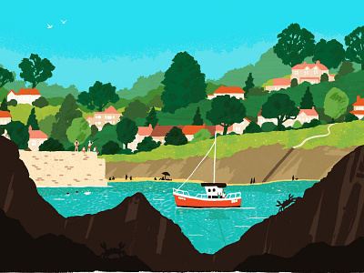 Polperro beach boat digital folioart holiday illustration landscape michael parkin