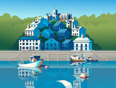 Quayside boats digital folioart illustration landscape peter greenwood sign vector
