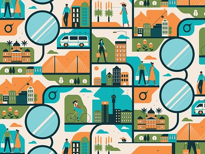 Eyesight character city digital editorial folioart illustration muti pattern vector