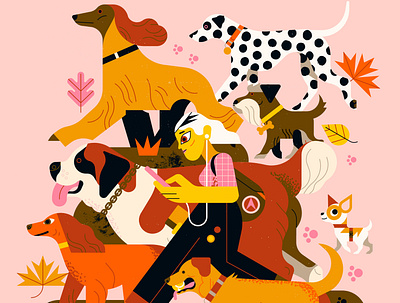 Dog Walker character digital dogs editorial folioart illustration owen davey