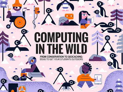 Computing character digital editorial folioart illustration owen davey penguins technology winter
