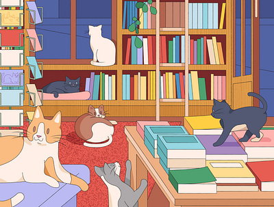 Cat Bookshop books cats digital folioart illustration kiki ljung puzzle vector