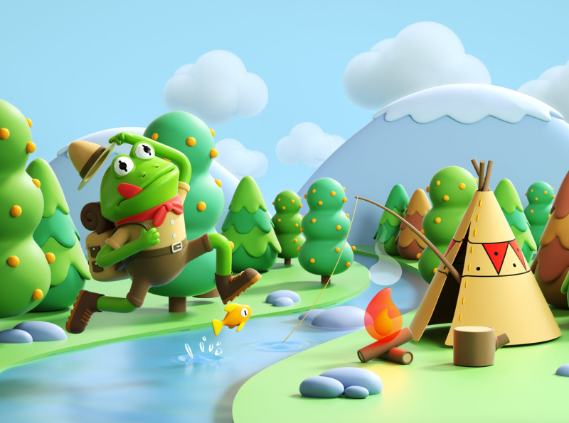 Frog Games 3d arcade studio camping character digital folioart frog illustration landscape