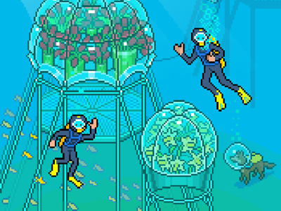 Underwater farms illustration isometric pixel