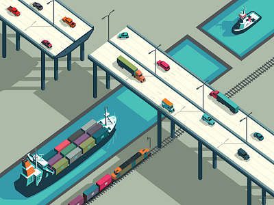 Time boat bridge car editorial graphic illustration transport vector