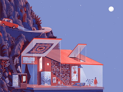 Mountainside Home architecture car character digital house illustration mountain night
