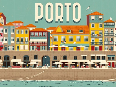 Porto architecture beach cityscape digital illustration poster summer travel