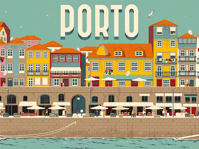 Porto architecture beach cityscape digital illustration poster summer travel