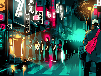 Lufthansa Magazine city graphic illustration neon night people tokyo travel urban