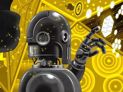 Artificial Intelligence conceptual digital editorial futuristic illustration robot surreal technology texture