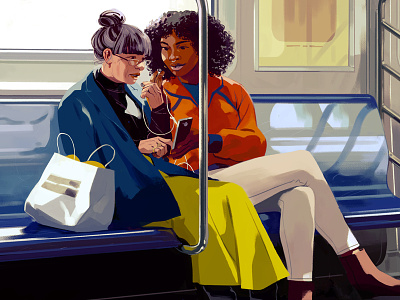 Podcasts digital figurative illustration people subway transport women
