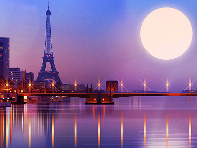 Paris cityscape digital eiffel tower glitch art graphic illustration landscape moon night paris reflection