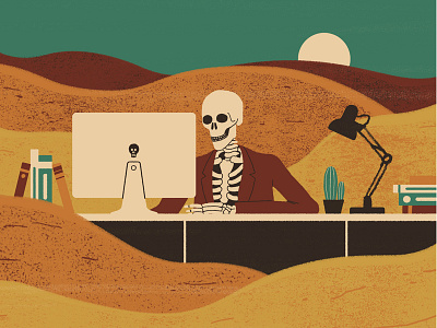 Long Hours, Hot Office business conceptual desert desk digital humorous illustration skeleton