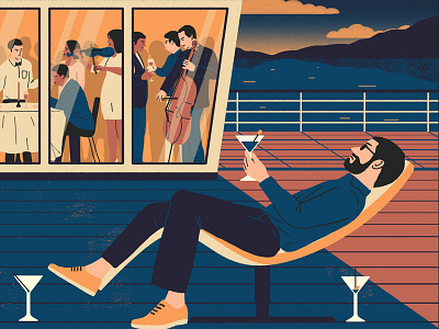 Cruise boat character digital drink editorial illustration martini music people travel
