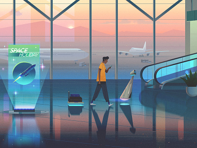 The Future of Travel airport character digital futuristic hologram interior plane robot travel