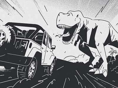 Jeep bw car dinosaur graphic illustration line storyboard t rex transport