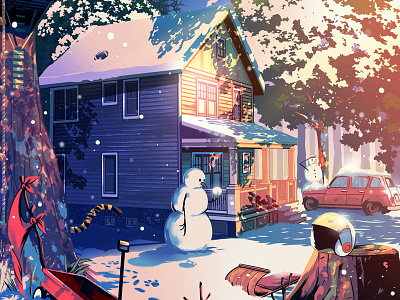 It's A Magical World calvin and hobbes digital graphic house illustration print snow snowman