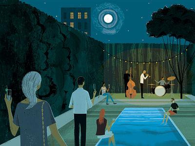 Night Party drinks illustration moon music night party people pool scene