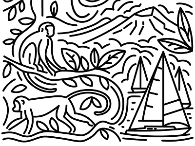 Nevis boat bw editorial graphic illustration line monkey travel vector