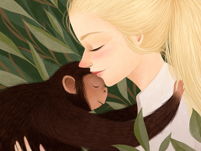 Jane Goodall character crayon drawing hug illustration leaves monkey nature portrait