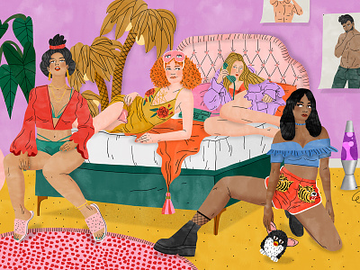 Slumber Party bedroom colourful digital girls illustration interior portrait watercolour women