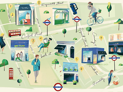 Mayfair characters digital illustration london map shopping spring