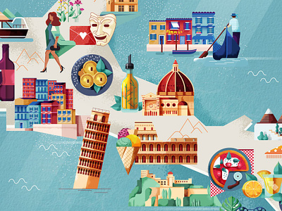 Map of Italy folioart folioartists food gondola holidays illustratedmap italy leaningtowerofpisa leisure maitefranchi map pizza travel vacation
