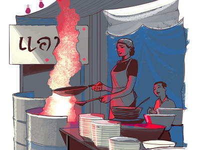 Bangkok street food alex green character chef digital editorial folioart food illustration thailand travel