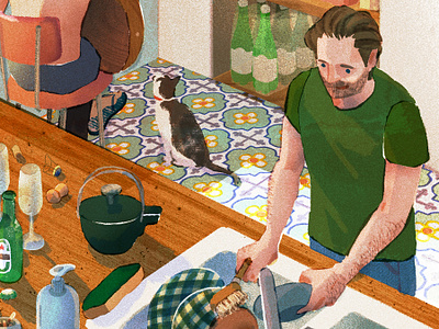 Morning cat character digital folioart hifumiyo illustration interior kitchen retro texture