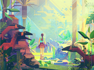 Tomb Raider character digital dinosaurs folioart game illustration james gilleard jungle print texture