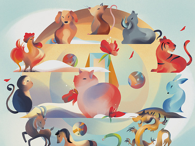 Zodiac animals character chinese new year colourful digital folioart illustration jia yi liu pig zodiac