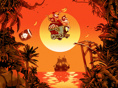 Jungle Japes adventure alexander wells character digital fantasy folioart game illustration landscape monkeys sunset
