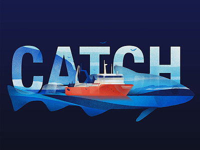 Catch boat digital fish folioart illustration karolis strautniekas narrative ocean texture web