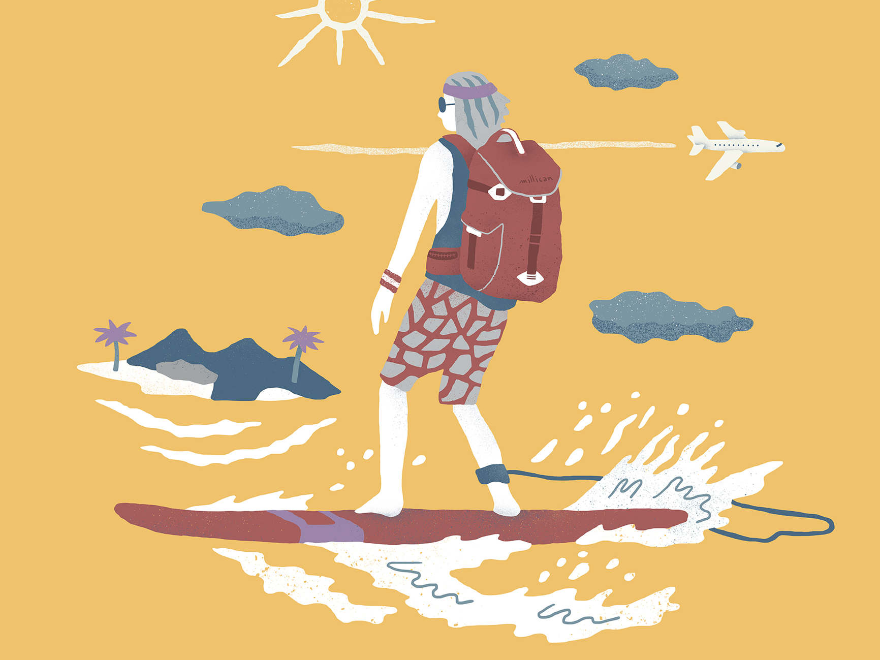 Marine illustration. Surfing illustration.