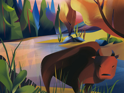 Buffalo animal colour digital folioart gradient illustration jia yi liu landscape nature trees wildlife