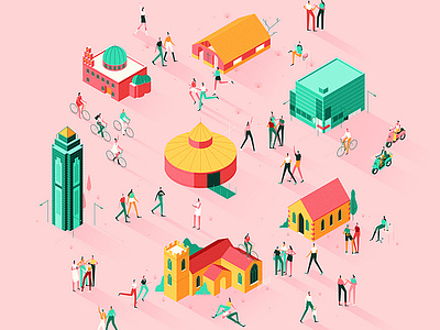 Community characters colour digital editorial folioart illustration isometric muti people