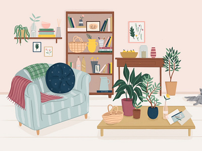 Living Room amelia flower book digital folioart green home illustration interior procreate publishing