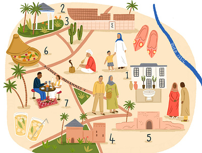 Marrakech amelia flower character digital editorial folioart food illustration map people procreate travel