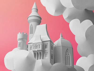 Fantasyland building castle clouds digital editorial folioart illustration ollanski paper craft sculpture