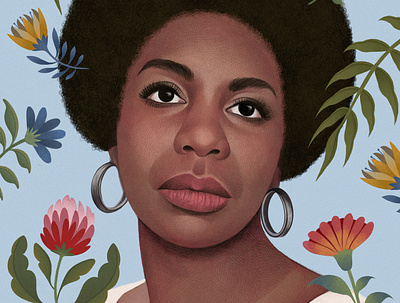 Nina Simone digital drawn floral folioart illustration mercedes debellard pattern portrait realist